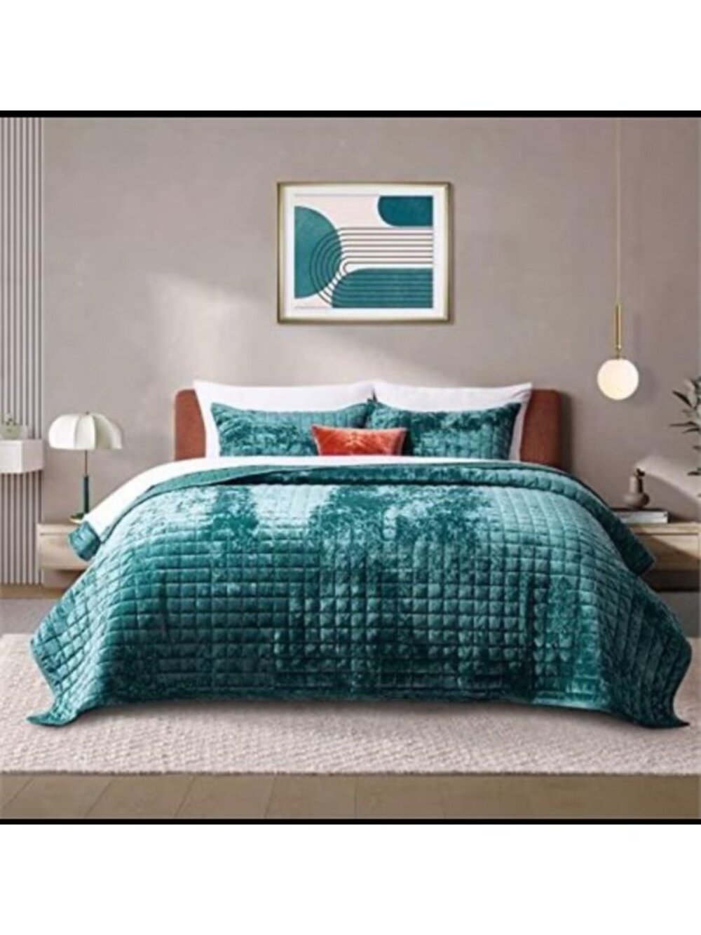 Velvet King Size 3-Piece Bedding Set - Teal Comforter With Pillow Shams Textured
